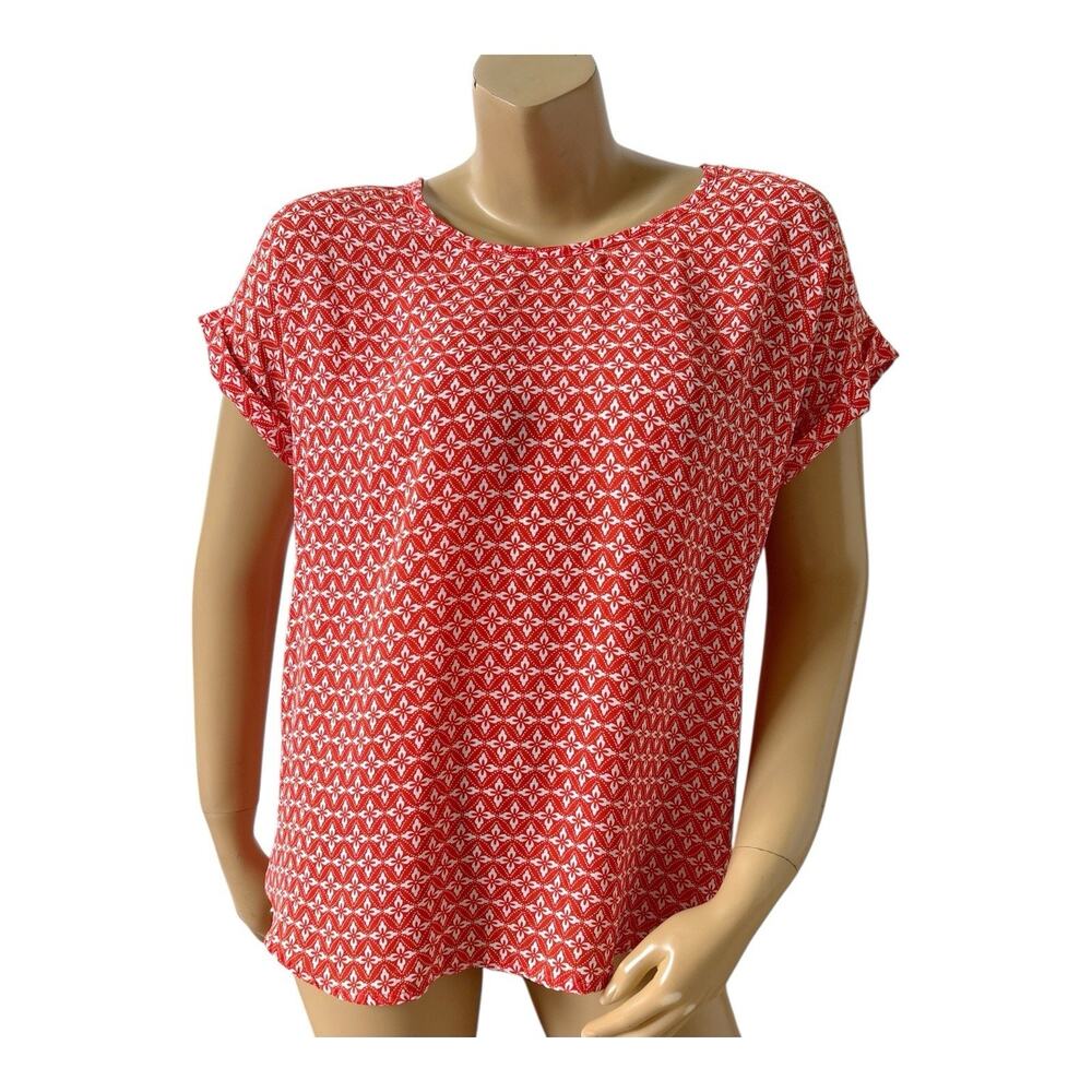 Pleione Womens Geometric Print Blouse Size Medium Red White Flutter Sleeve Top